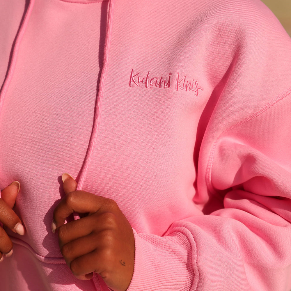 Embroidered Drawstring Hoodie - Powder Puff