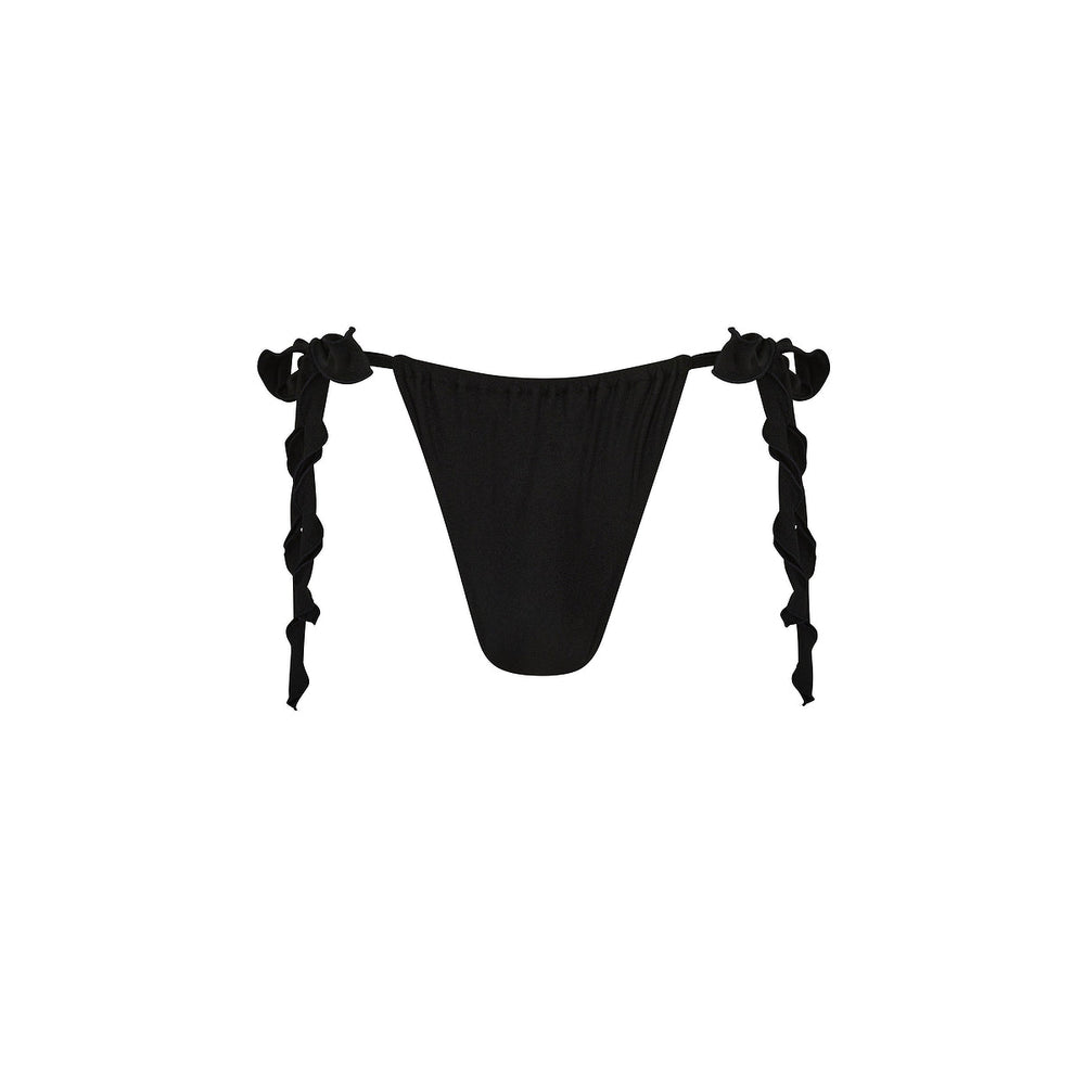 Lettuce Tie Ruched Thong Bikini Bottom - Twilight Black