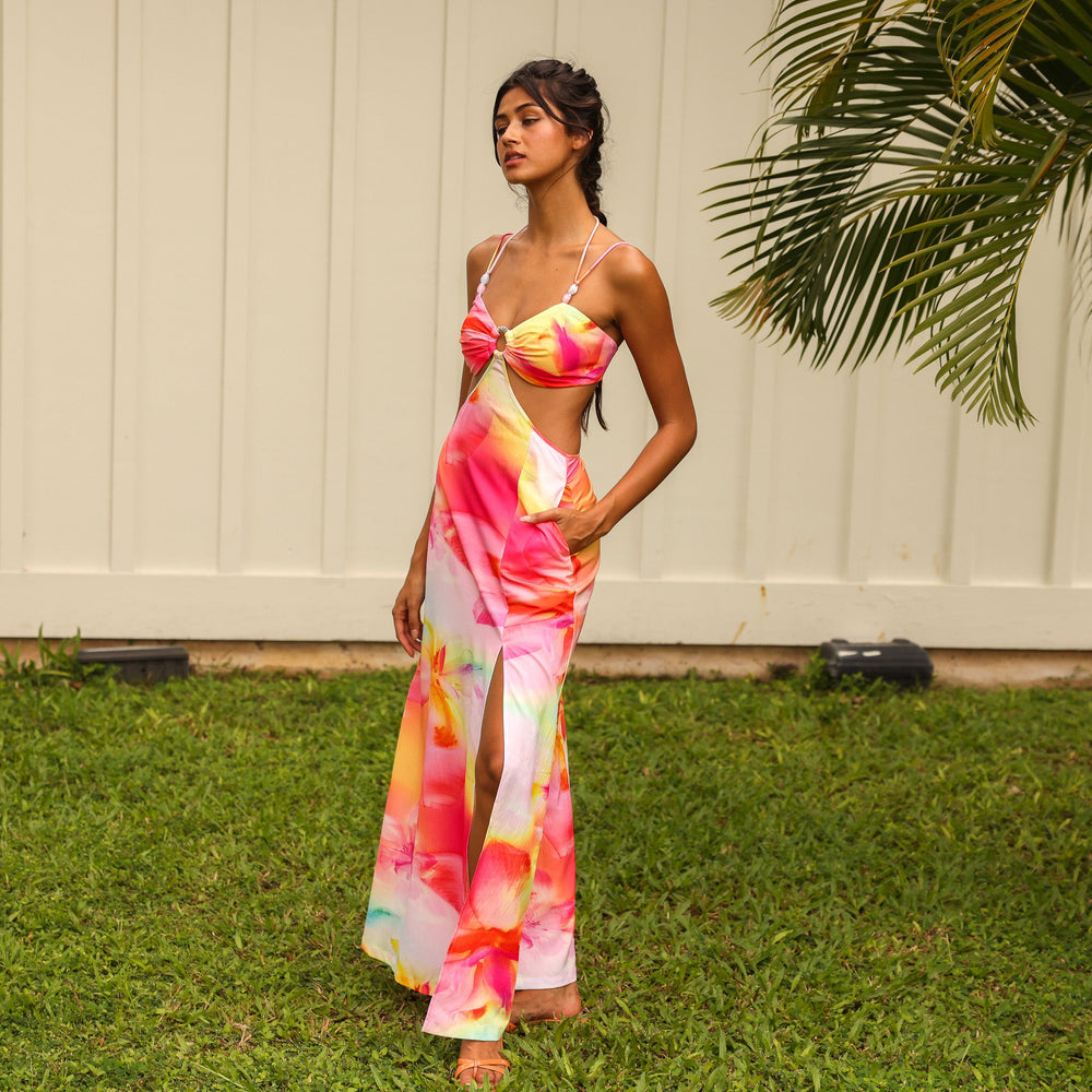 Beaded Cut Out Maxi Dress - Frangipani Swirl