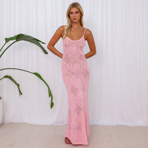 Crochet Lace Knit Maxi Dress - Pocket Pink