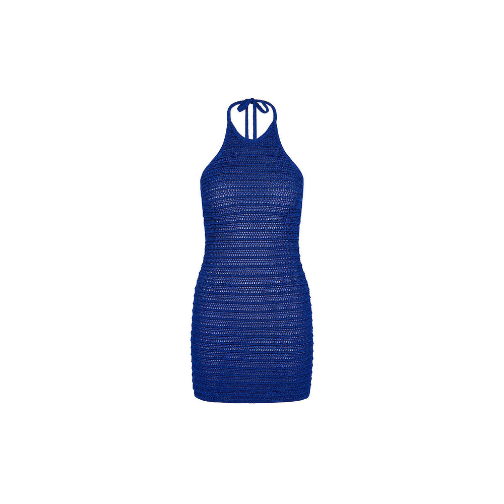 Metallic Knit Halter Mini Dress - Blue Lagoon