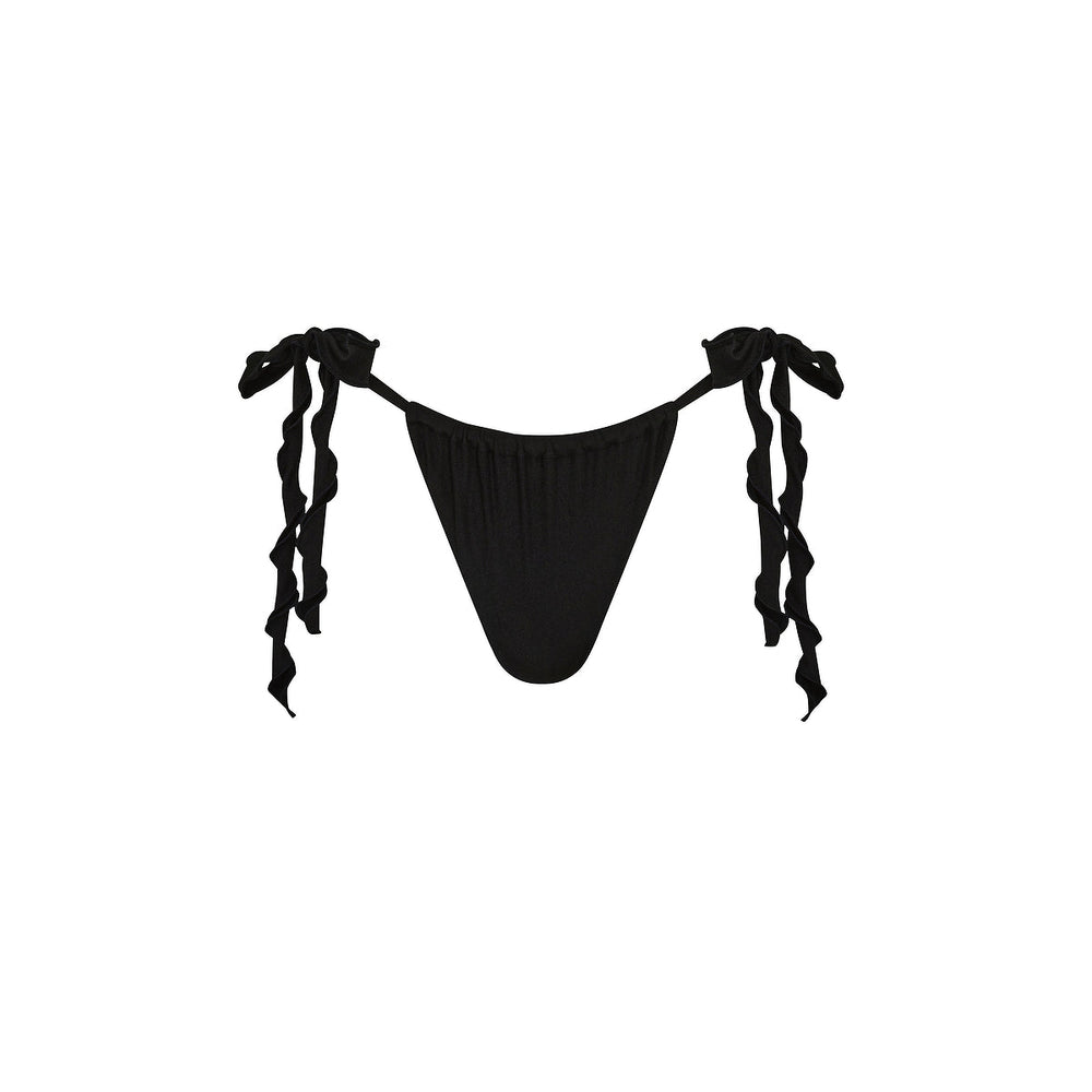 Lettuce Tie Ruched Thong Bikini Bottom - Twilight Black