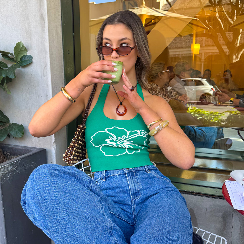 Knit Halter Tank Top - Green Envy