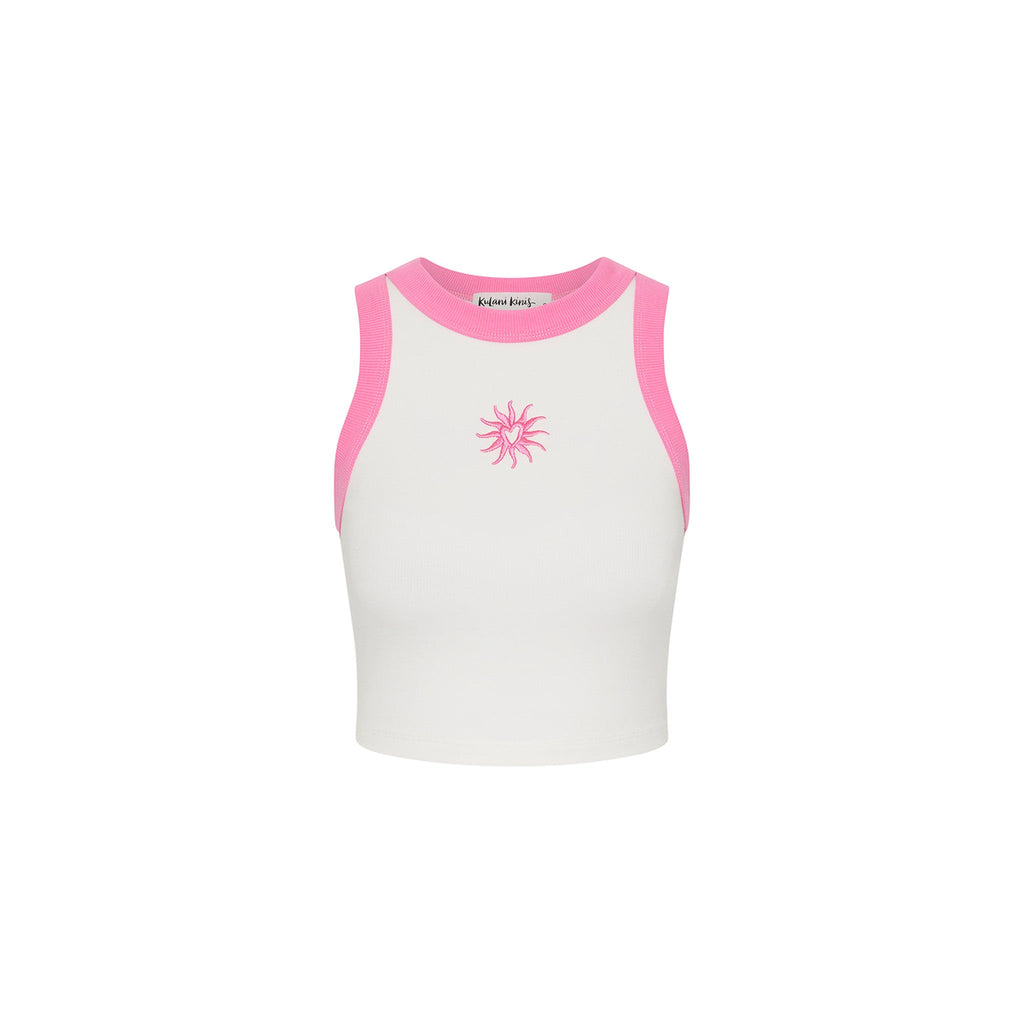Embroidered Crop Tank Top - Pink Skies