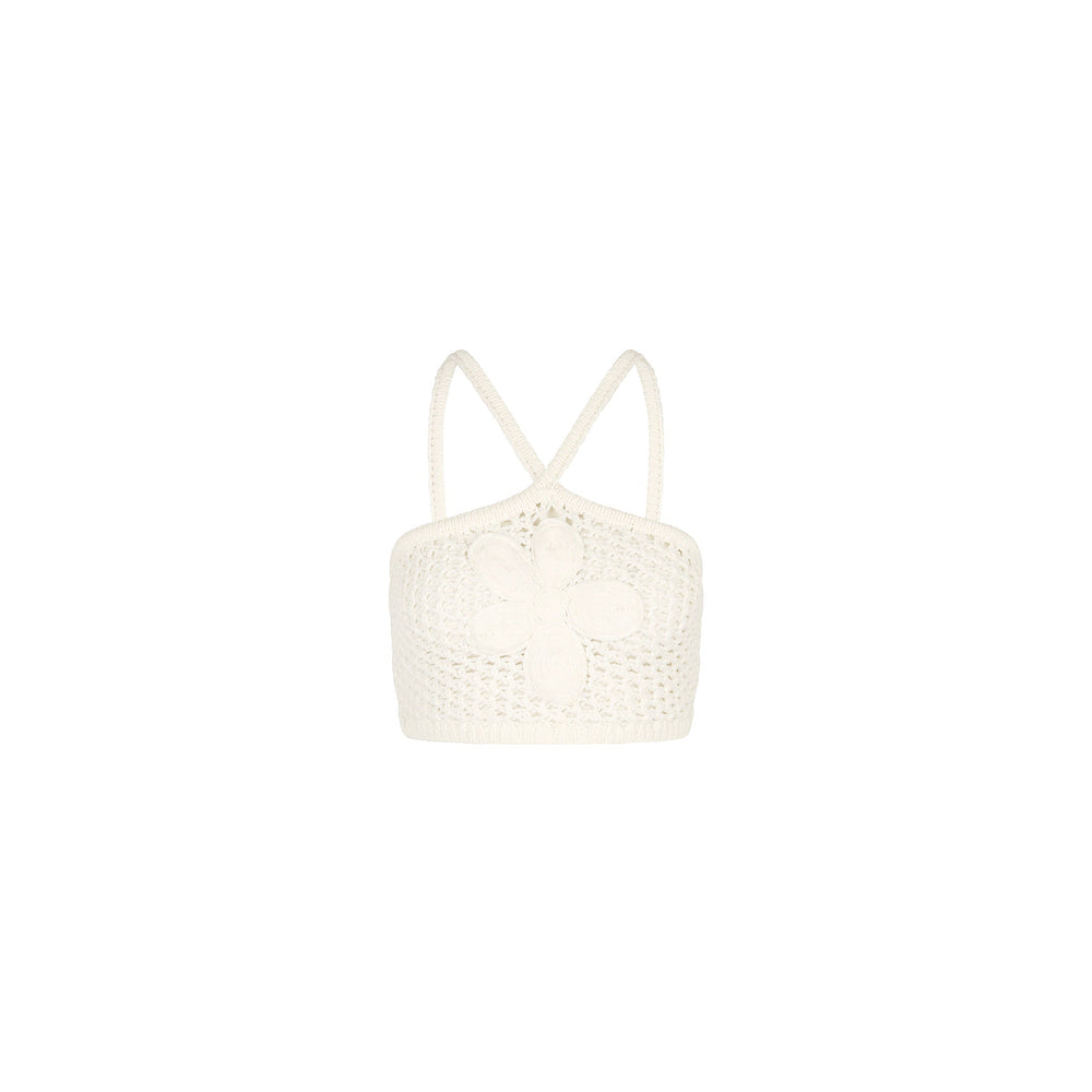 Applique Knit Halter Crop - Whipped White