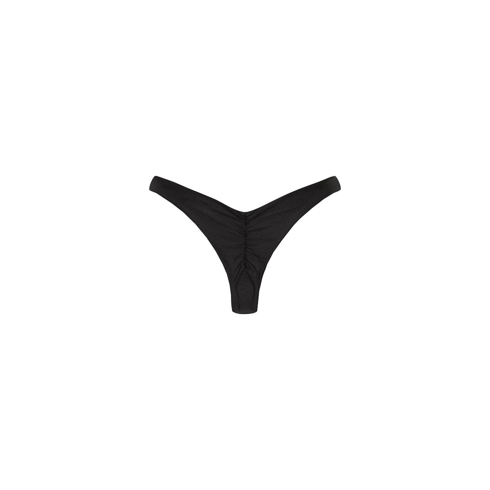 Gathered Deep V Thong Bikini Bottom - Twilight Black