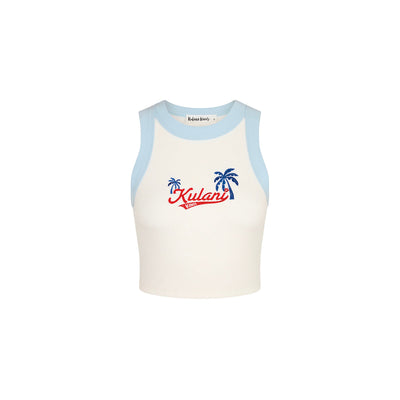Embroidered Bind Crop Tank - Tropic Blues