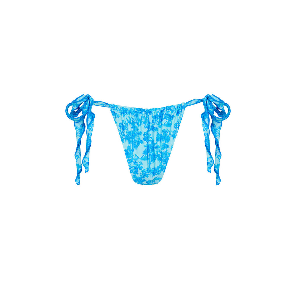 Lettuce Tie Ruched Thong Bikini Bottom - Ocean Paradise