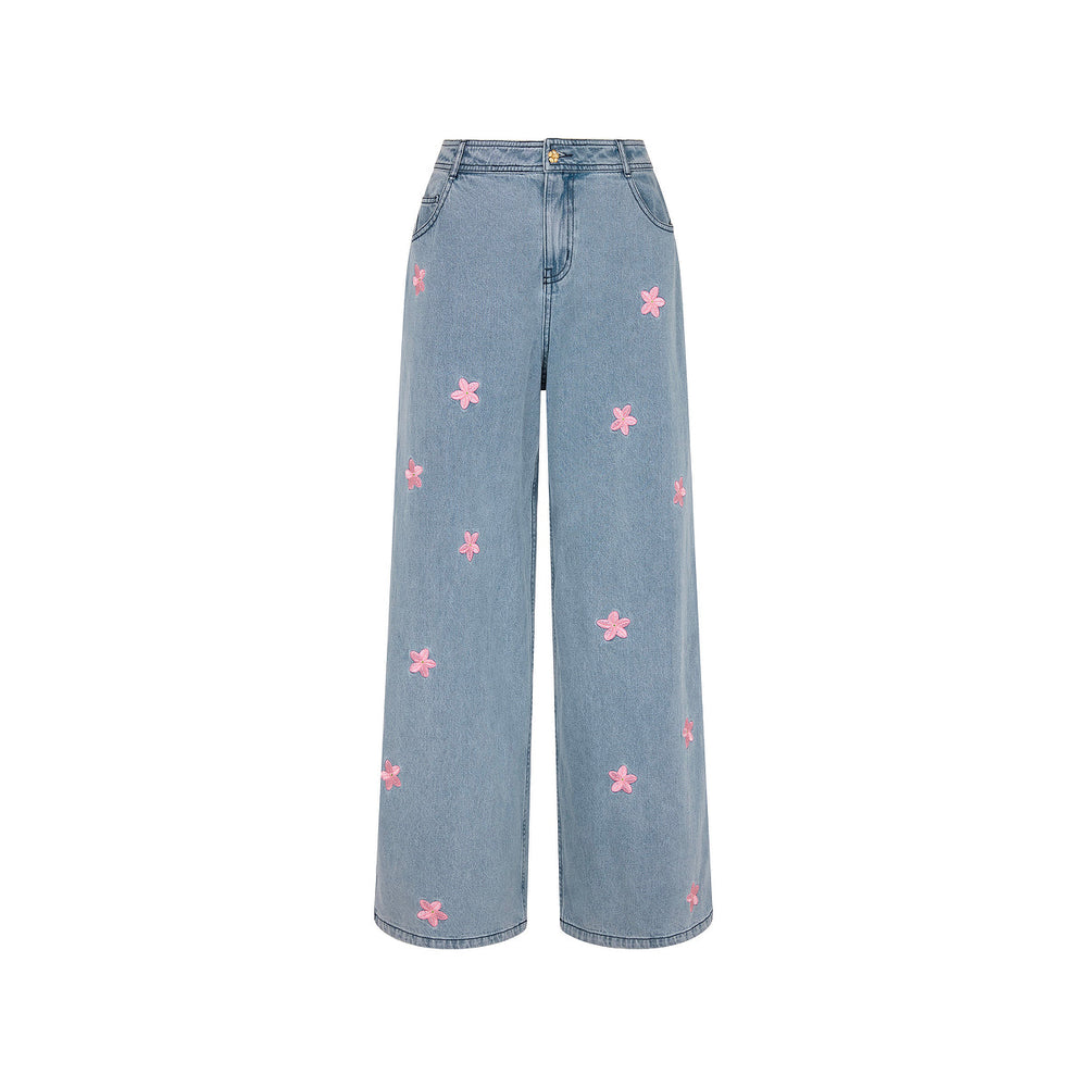 Straight Leg Embroidered Jean - Blossom Sky