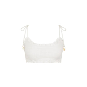 Ruffle Shirred Tie Crop - White