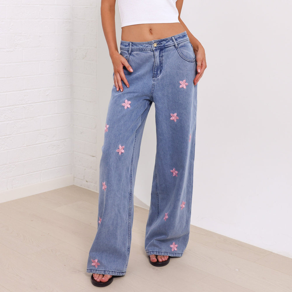 Straight Leg Embroidered Jean - Blossom Sky