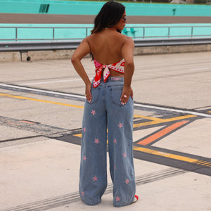 Straight Leg Embroidered Jean - Blossom Sky