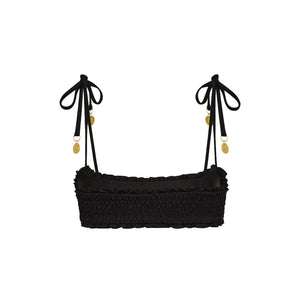 Shirred Crop Tie Bikini Top - Twilight Black